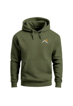 Olive green hoodie made of soft fabric, featuring a kangaroo pocket, drawstring hood, and a white mountain design with an orange sun logo.