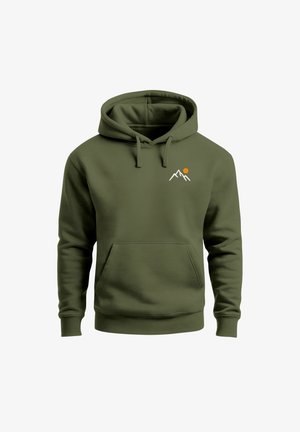 Olivgrüner Hoodie aus weichem Stoff, mit Kängurutasche, Kapuze mit Kordel und einem weißen Bergdesign mit einem orangefarbenen Sonnenlogo.