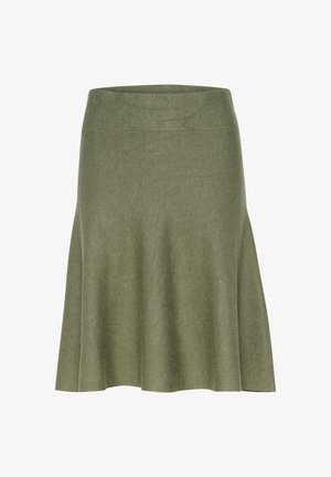 Alyvuogių žalios spalvos platėjanti sijonė pagaminta iš minkštos, tekstūruotos medžiagos su juosmeniu. Sijonas iki kelių, be matomų raštų ar detalčių.