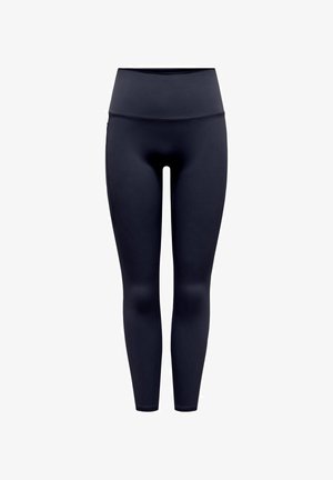 Tumed sinised legginsid, mis on valmistatud elastsemast kangast; kõrge vöökoht, täispikkus, sile tekstuur, ilma nähtavate mustrite või riistadega.