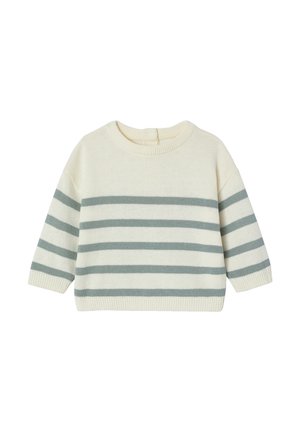 Cream knit sweater with light gray horizontal stripes on body and sleeves, featuring a round neck and long sleeves.