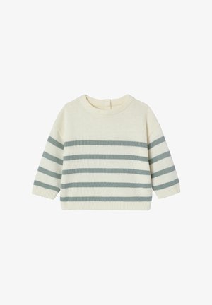 Cream knit sweater with light gray horizontal stripes on body and sleeves, featuring a round neck and long sleeves.