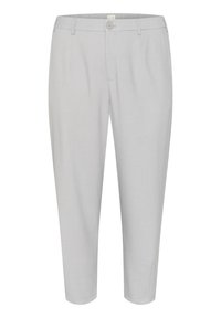 Pantalones taper en gris claro, confeccionados con una tela suave, que cuentan con un cierre de botón en la parte frontal y bolsillos laterales, con un diseño limpio y minimalista.