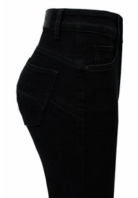 Jeans de mezclilla negra con cintura alta, silueta ajustada, bolsillos traseros y una textura suave con acabado mate.