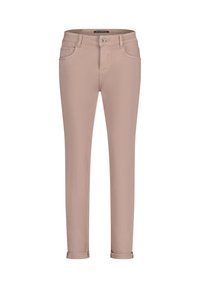 Pantalons beige slim-fit avec ourlets roulés, poches avant et arrière, fermeture à bouton et passants de ceinture, présentés sur un fond blanc.