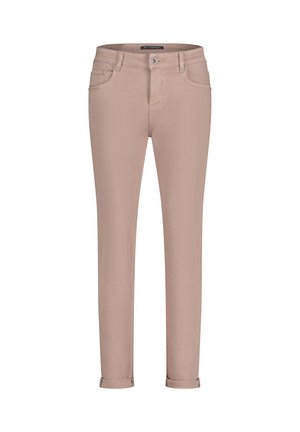 Pantalons beige slim-fit avec ourlets roulés, poches avant et arrière, fermeture à bouton et passants de ceinture, présentés sur un fond blanc.