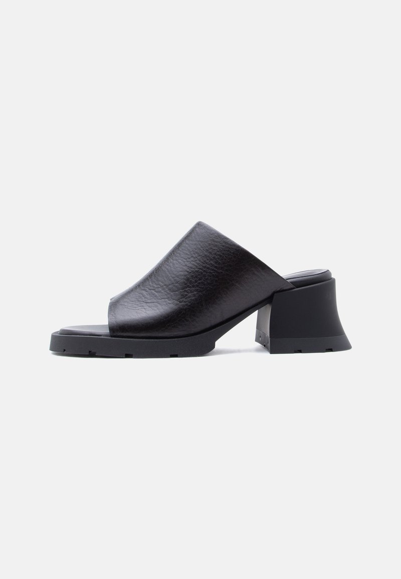 Black open-toe mule with wide leather upper and chunky block heel, shown in side profile on white background.