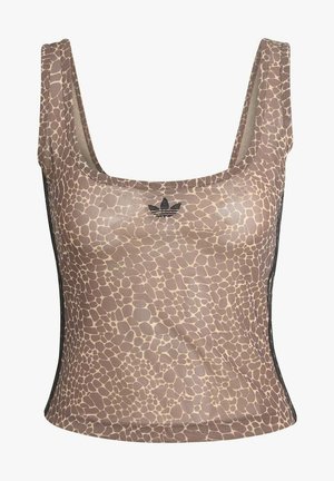 Bruin leopardprint mouwloos crop-top met een vierkante halslijn en een zwart Adidas trefoil-logo op het midden van de voorkant.