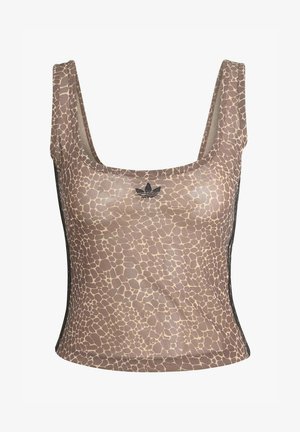Bruin leopardprint mouwloos crop-top met een vierkante halslijn en een zwart Adidas trefoil-logo op het midden van de voorkant.