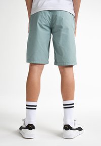Shorts vert clair en coton, avec une coupe décontractée et un ourlet roulé. Portés avec des chaussettes blanches à rayures noires et des baskets noir et blanc.