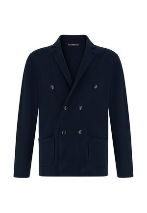 Blazer azul marino de punto acanalado, cruzado con seis botones negros, solapa con muesca, mangas largas y dos bolsillos parche delanteros.