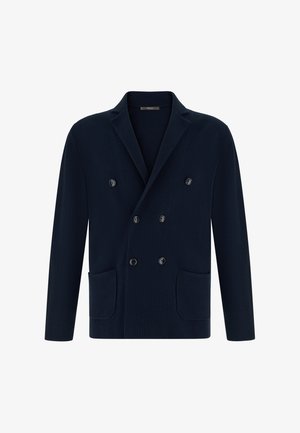 Tmavě modrý žebrovaný pletený dvouřadý blejzr se šesti černými knoflíky, klopy s výřezem, dlouhými rukávy a dvěma náprsními našitými kapsami.