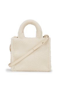 White faux fur handbag with plush texture, short round handles, and a detachable cream shoulder strap. Square shape with a top zipper.