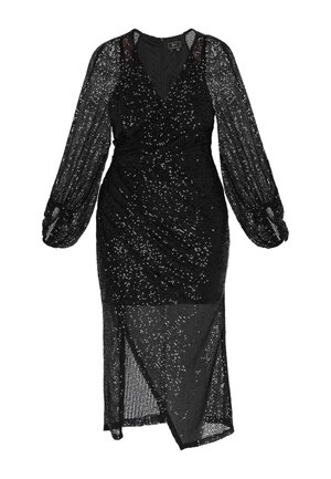 Czarna sukienka kopertowa wykonana z przezroczystej tkaniny z cekinami, z długimi rękawami, głębokim dekoltem w serek oraz rozcięciem po boku dla dodatkowego efektu.