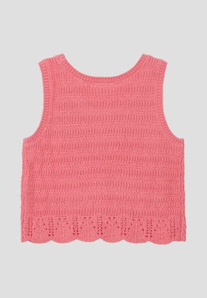 Pink gestricktes ärmelloses Croptop mit strukturierten horizontalen Mustern und welligem Saum auf grauem Hintergrund.