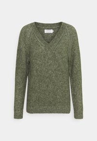 Grön stickad tröja med V-ringning, långa ärmar och ribbade muddar. Har en texturerad tygkvalitet och en avslappnad passform.