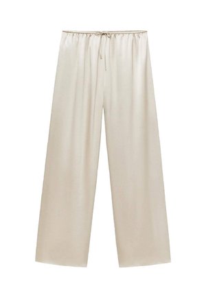 Szerokie spodnie w jasnym beżu, wykonane z miękkiego, gładkiego materiału, z elastycznym paskiem i detalem sznurkowym.