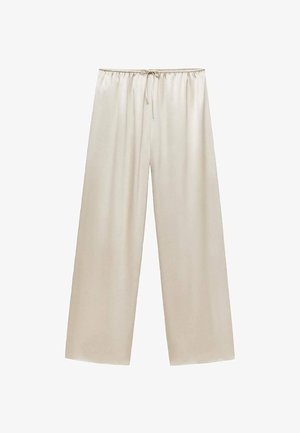 Široké nohavice v svetlej béžovej farbe, vyrobené z mäkkej, hladkej tkaniny s elastickým pásom a detailom na šnurovanie.