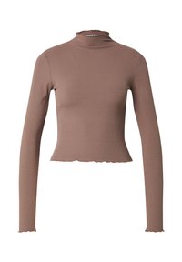 Braun gerippter Rollkragen-Pullover mit langen Ärmeln, gewelltem Saum, figurbetontem Design und glatter Textur. Hergestellt aus dehnbarem Material.