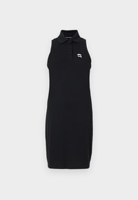 Vestido negro sin mangas de poliéster suave, con cuello tipo polo y un pequeño logotipo en el pecho. Textura suave.