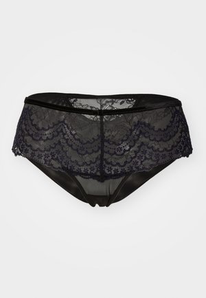 Zwarte kanten onderbroek met een bloemenpatroon en scalloped randen, semi-doorzichtig gaas en een gladde zwarte tailleband.
