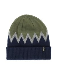Strikket hue med grøn top og zigzag mønster i hvid samt en navy blå ribbet kant; inkluderer et lille sort logo mærke.