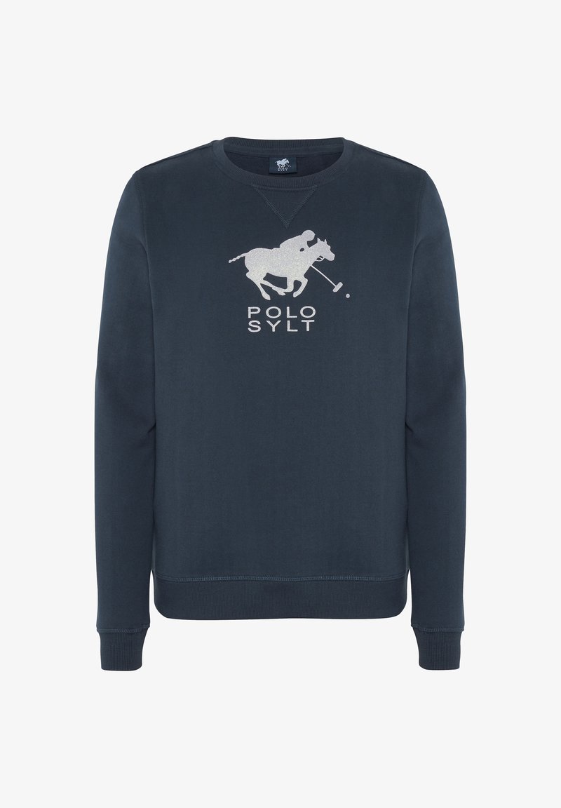 Dunkelblaues Rundhals-Sweatshirt aus Baumwolle mit einem strukturierten silbernen Polo-Grafik und dem Text "POLO SYLT" auf der Vorderseite.