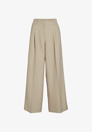 Beežid laiade säärtega püksid vertikaalsete triipudega, vööaasadega, eessete plisseeringute ja kõrge vöökohaga.