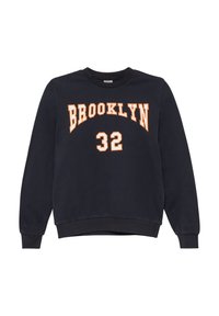 Marineblauw sweatshirt met de opdruk "BROOKLYN" en "32" in oranje letters, ronde halslijn, lange mouwen en geribde manchetten en zoom.