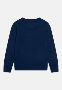 Felpa blu navy con collo a costine, maniche lunghe e una morbida texture, senza grafiche o motivi visibili.