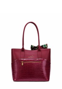 Burgundská kabelka s hladkým syntetickým horním dílem a texturovanou spodní částí s krokodýlím vzorem. Obsahuje dekorativní mašli a přední kapsu na zip.