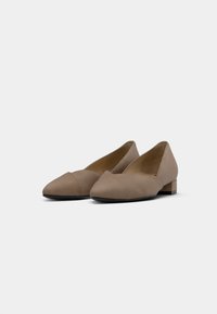 Beige suede flats with a pointed toe and a low block heel. Features a diagonal seam detail across the upper. Minimalist design.