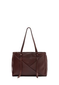 Brown leather tote bag with a geometric design, featuring two long handles and knotted accents; smooth texture and structured shape.