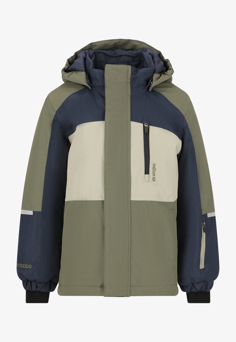 Veste isolante avec un design coloré en vert olive, bleu marine et crème. Comprend une poche zippée sur le devant et des poignets élastiques.