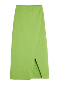 Zielona spódnica z materiału teksturowanego, o długości do kolan i z rozcięciem z przodu, z gładką talią i czystymi krawędziami.