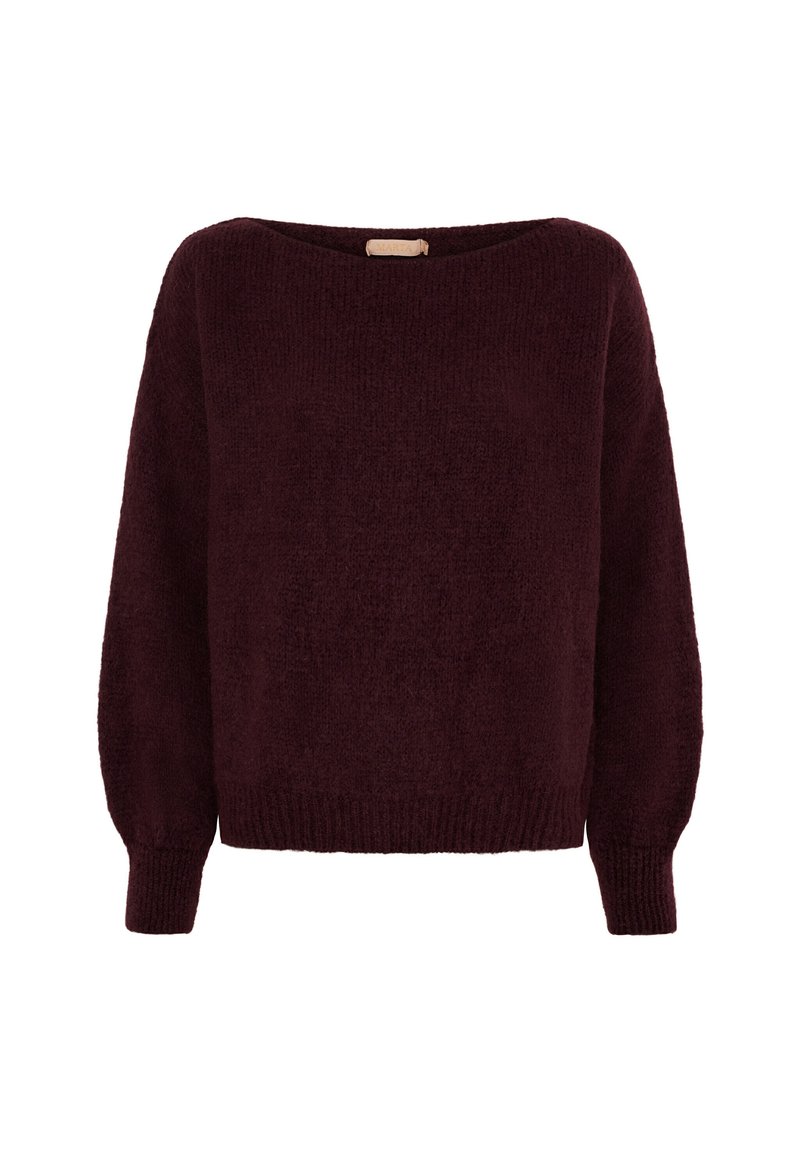 Burgundy stickad tröja med bred halsringning, långa ärmar och ribbad nederkant. Mjuk textur med en avslappnad passform och något oversized silhuett.