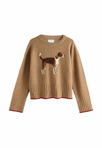 Brązowy sweter dzianinowy o skróconym kroju, z motywem psa na środku oraz czerwonym ściągaczem na dół i mankietach.