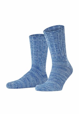 Blue ribbed socks featuring a textured knit design, smooth toe, and reinforced heel. The fabric has a speckled pattern in varying shades of blue.