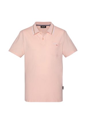 Polo rose clair à manches courtes avec patte à deux boutons, col rayé, poche poitrine avec logo "Schott" et étiquette de marque latérale.