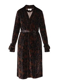Roba di velluto nero con un motivo paisley in rustico, marrone e blu. Presenta un design avvolgente, maniche lunghe con legature ai polsi e una cintura in sash.