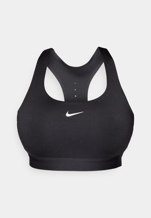 Schwarzer Sport-BH mit Racerback-Design. Hergestellt aus glattem, elastischem Material. Verfügt über ein kleines weißes Nike-Logo auf der Vorderseite.