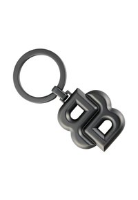 Keychain in matte black metal; features a stylized double 'B' design with rounded edges and a circular attachment ring.