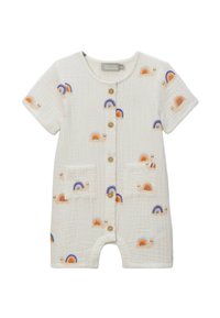 Romper blanc à manches courtes avec des motifs colorés de rainbow et d'escargots, tissu texturé, devant à cinq boutons, et deux poches avant.