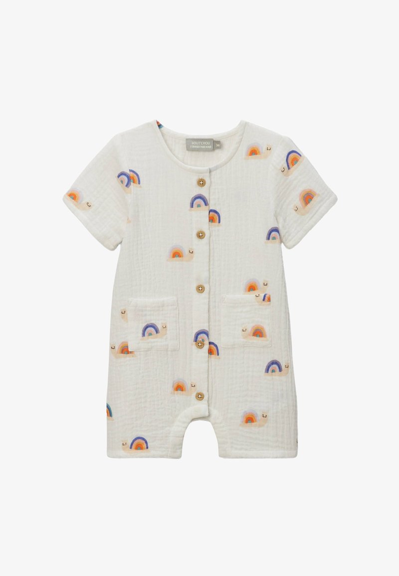 Romper blanc à manches courtes avec des motifs colorés de rainbow et d'escargots, tissu texturé, devant à cinq boutons, et deux poches avant.