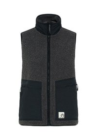 Fleece-Weste in Dunkelgrau mit hohem Kragen, Frontreißverschluss, schwarzen Nylon-Taschen und einem Logopatch unten rechts.