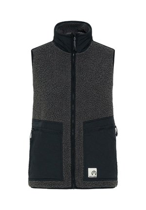 Gilet in fleece grigio scuro con colletto alto, zip frontale, tasche in nylon nero e una patch con logo in basso a destra.