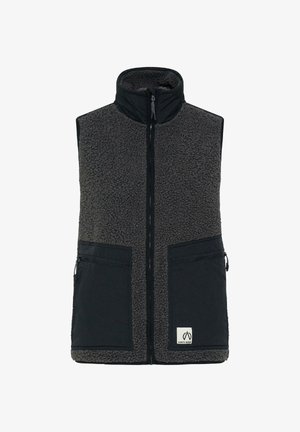Fleece vest i mørkegrå med høy krage, frontglidelås, sorte nylon lommer og en logo patch nederst til høyre.