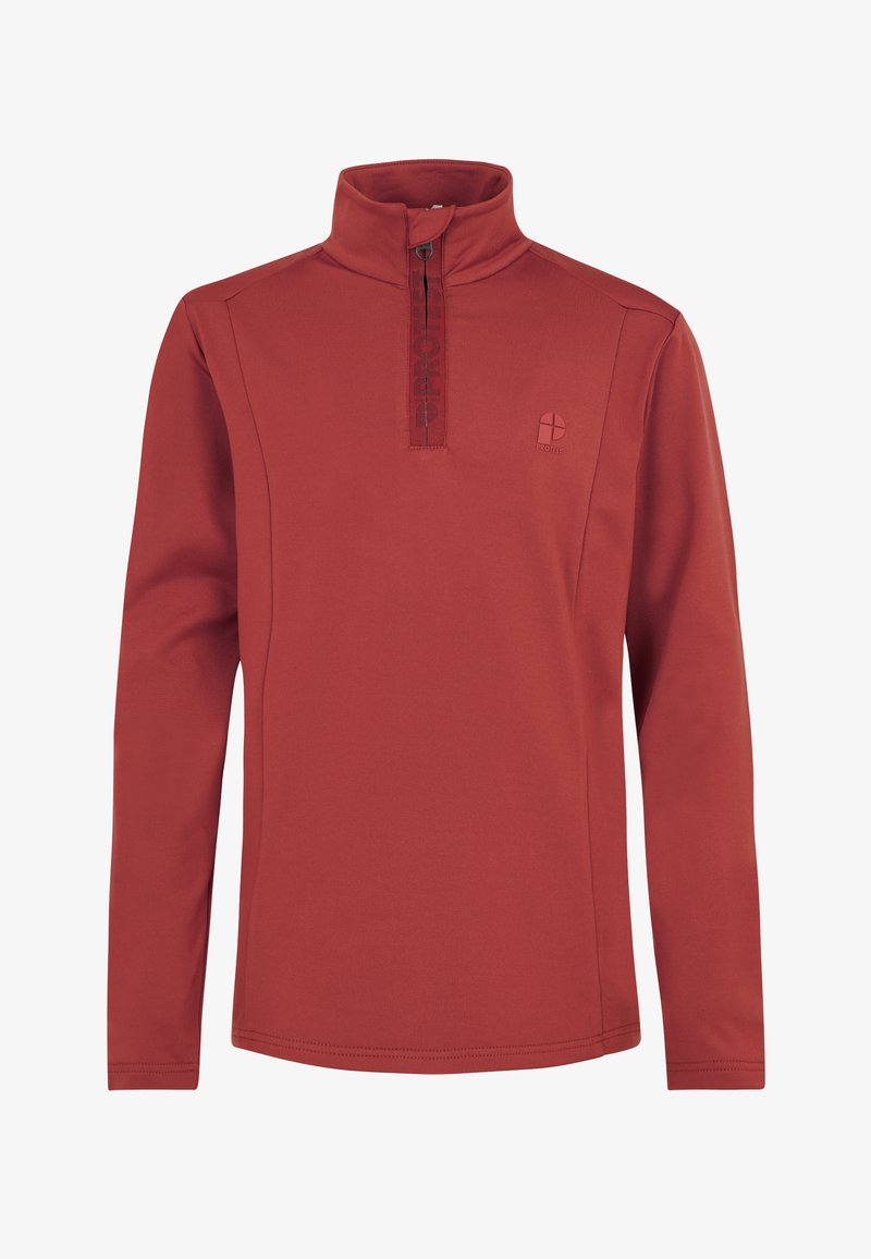 Červený pulovr s vysokým límcem, polo-zip zapínáním a jemnými detaily loga. Vyrobeno z hladkého materiálu s dlouhými rukávy.