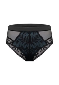 Czarna koronkowa bielizna z kwiatowym wzorem na przezroczystej siateczce, z solidnym czarnym paskiem w talii i falowanymi krawędziami.