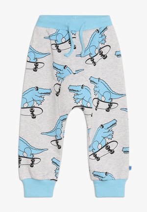 Pantalon pour tout-petit gris clair avec des poignets et une ceinture bleus, orné de dessins animés d'alligators bleus sur des skateboards noirs partout.